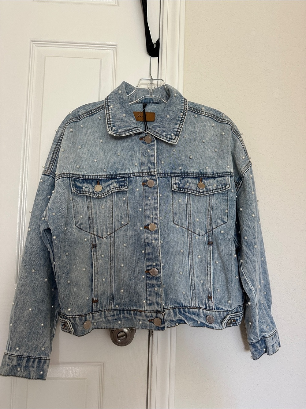 Blank NYC Light Blue Denim Jacket with Pearl Studs